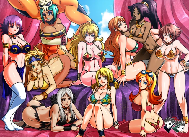 aversa+cerebella+lucy heartfilia+mona (warioware)+nami+professor ivy+rikku+shihouin yoruichi+yang xiao long+yui rakkuza